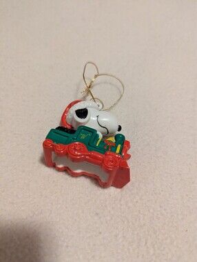 Vintage Peanuts Snoopy Whitman's Train Christmas Ornament Green PVC